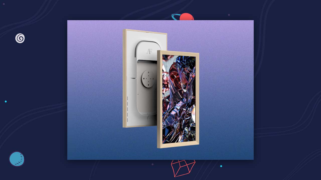 Atomic Form Wave display showing crypto art in a tech-inspired studio setup.