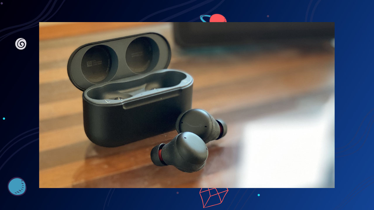 User wearing Echo Buds listening to crypto podcasts and price alerts via Alexa