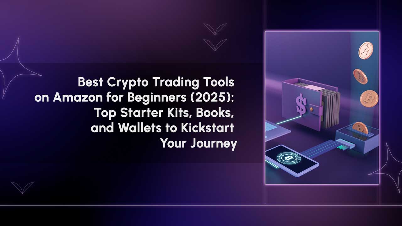 Essential crypto trading tools for beginners, including books, cold wallets, trading journals, and crypto starter kits