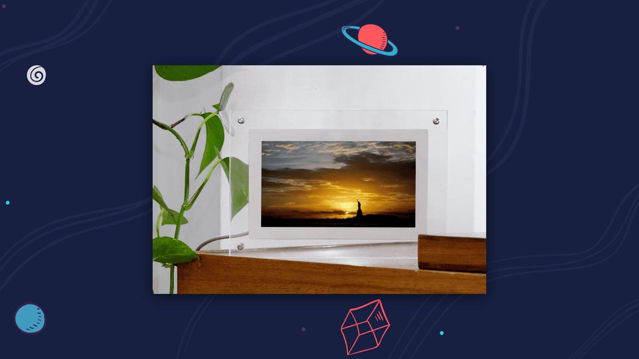 Infinite Objects NFT display showing looping crypto art in a minimalist home. 