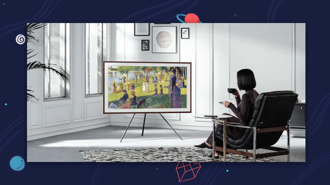 Samsung Frame TV displaying digital NFT art in a modern living room. 