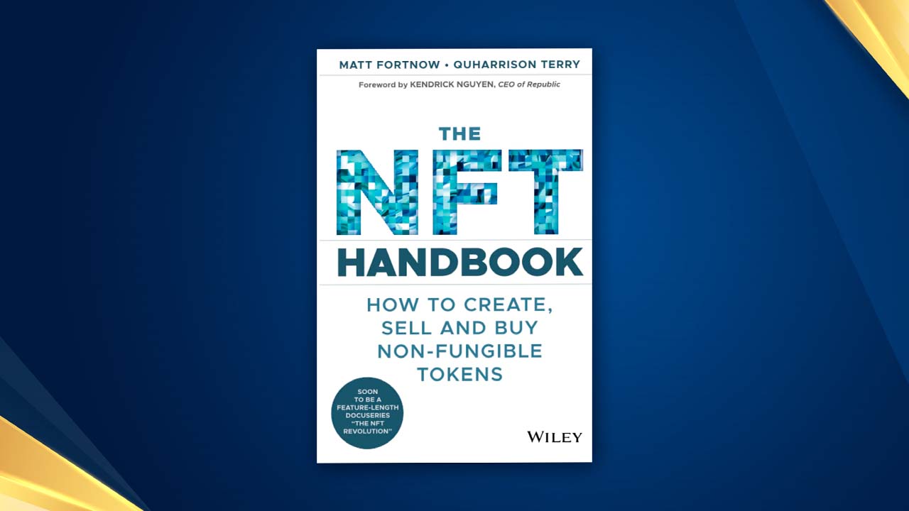 Hardcover of The NFT Handbook next to a laptop and digital artwork preview 