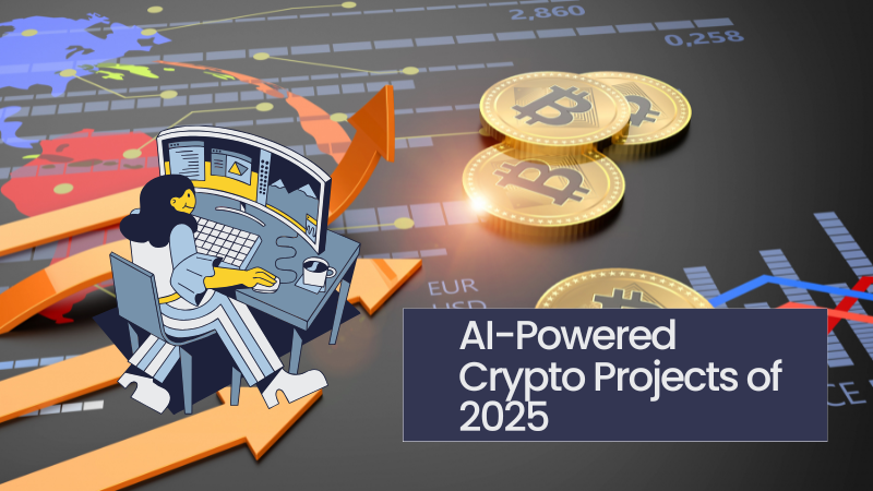 Infographic listing the top 10 AI-integrated crypto projects of 2025 with logos, use cases, and market stats.
